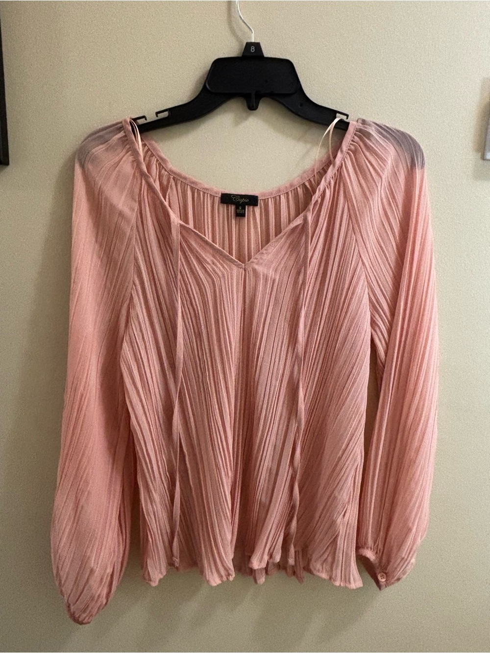 Cupid Blush Pink Pleated V-Neck Long Sleeve Blouse